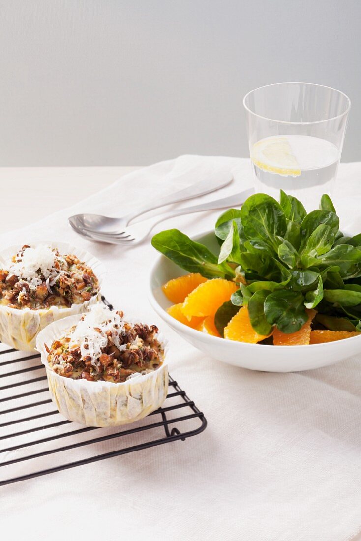 Lentil muffins and orange-lamb's lettuce salad