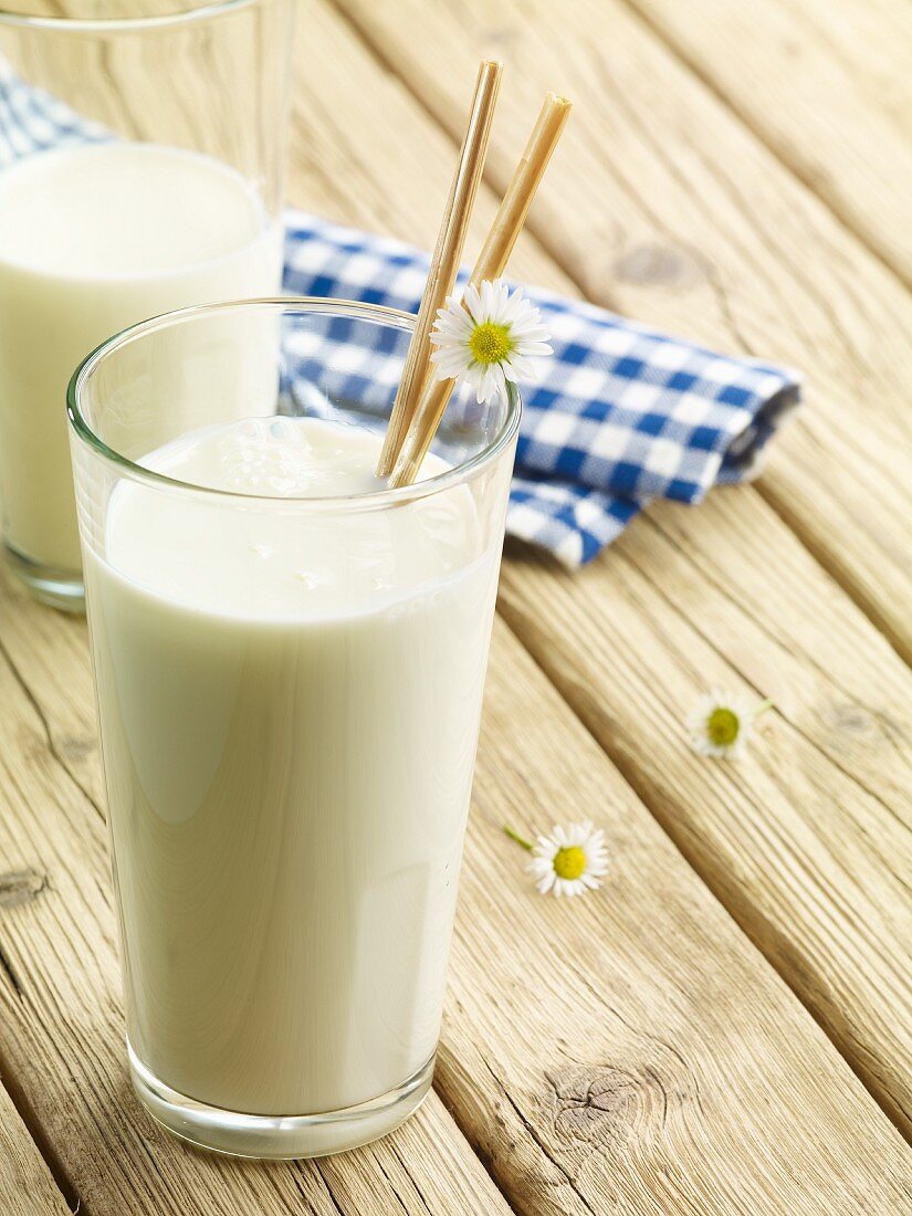 Glass of milk glass with straws