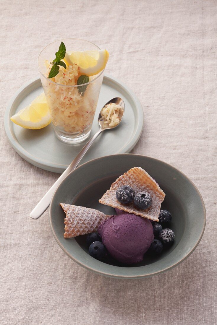 Blueberry ice cream with tofu and apple sorbet