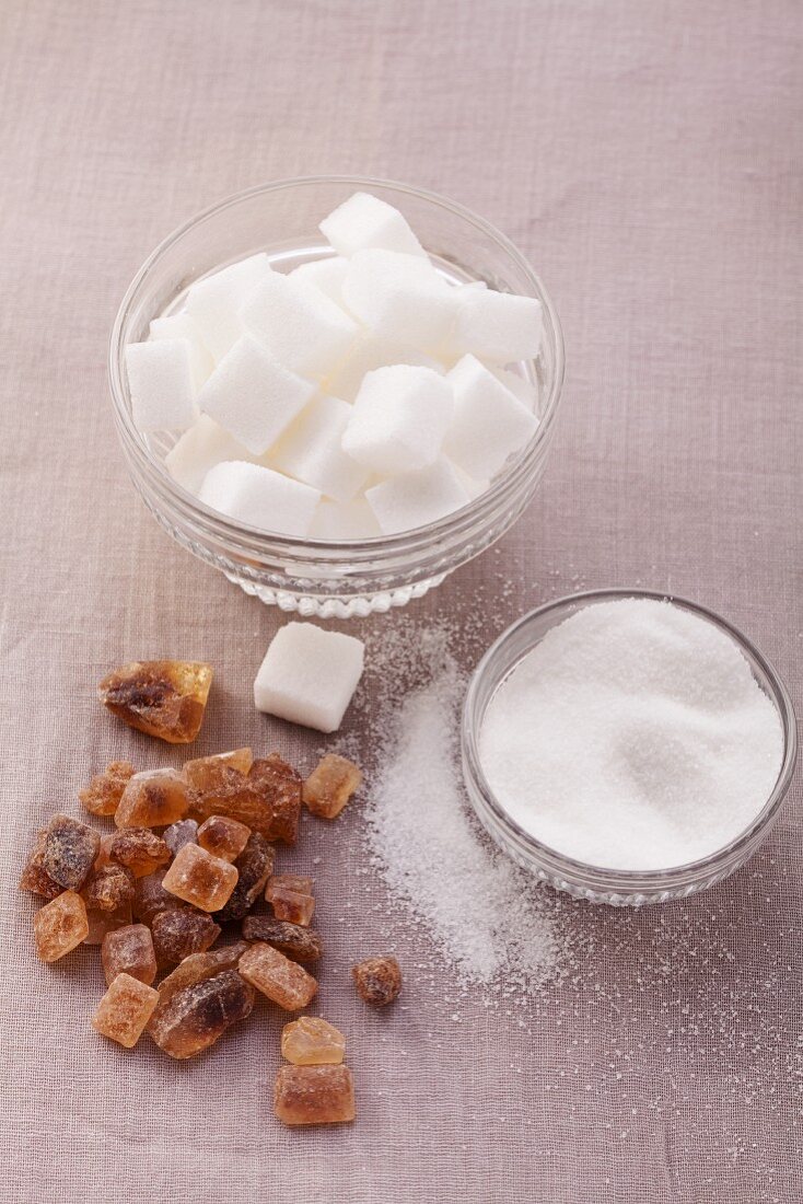 Sugar cubes, granulated sugar and brown candied sugar