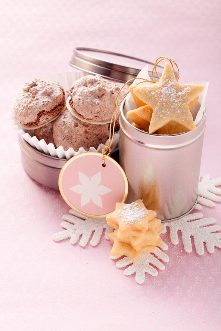 Star-shaped butter biscuits and chocolate macaroons