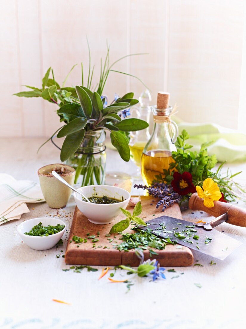 Fresh herbs, herb flowers and chopped herbs