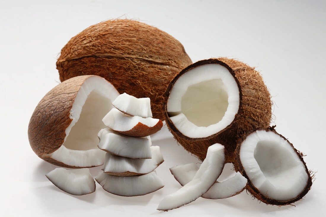 Coconuts, whole and cut