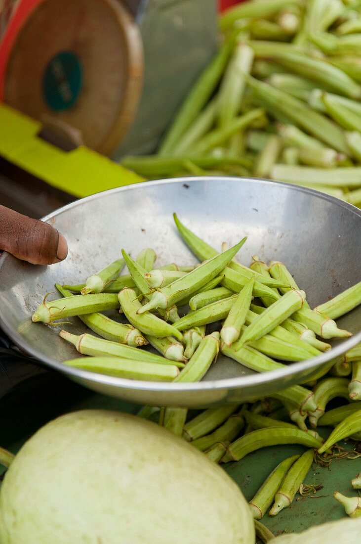Okra pods on a market stall (Mauritius)