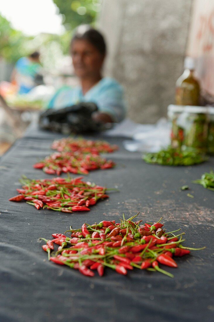 Chilli peppers at a market (Mauritius)