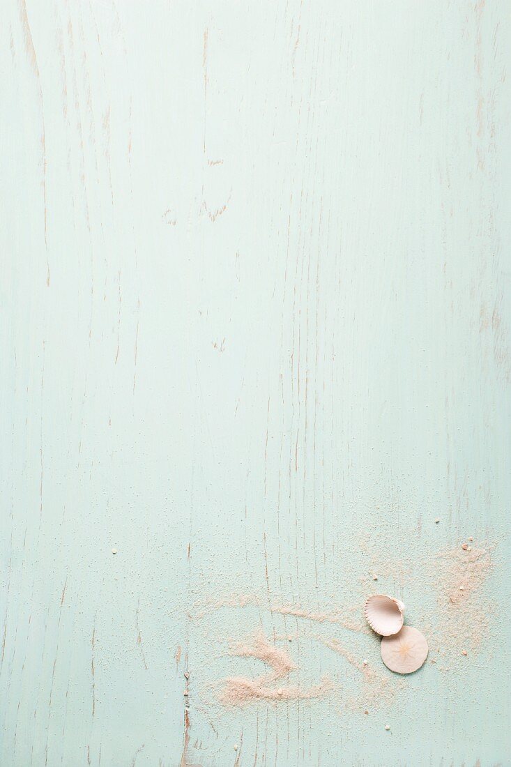 Seashells and sand on wooden background