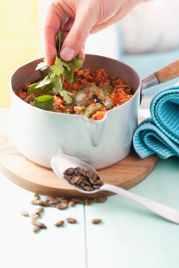 Californian rice dish with prickly pear leaves