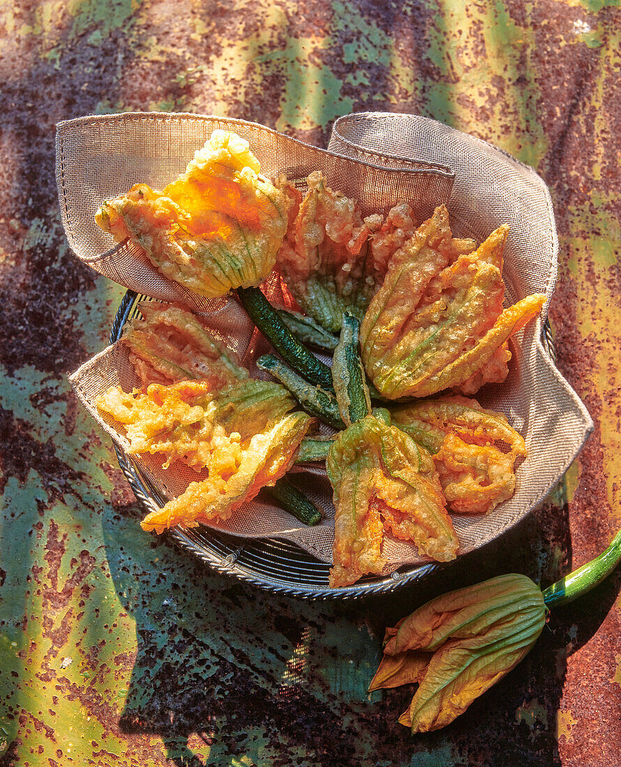 Deep-fried courgette flowers