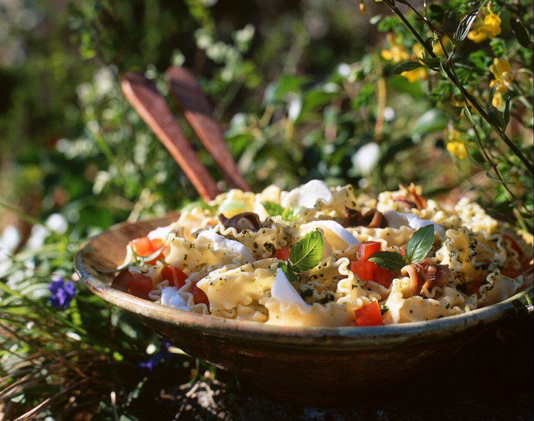 Pasta salad with mozzarella, anchovies, tomatoes and pistou