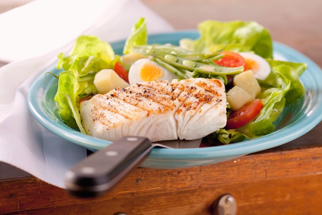Grilled halibut with salade niçoise