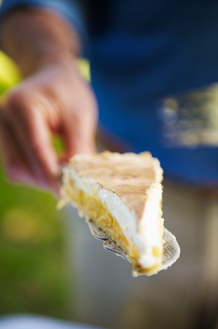 A person holding a slice of lemon cake with meringue