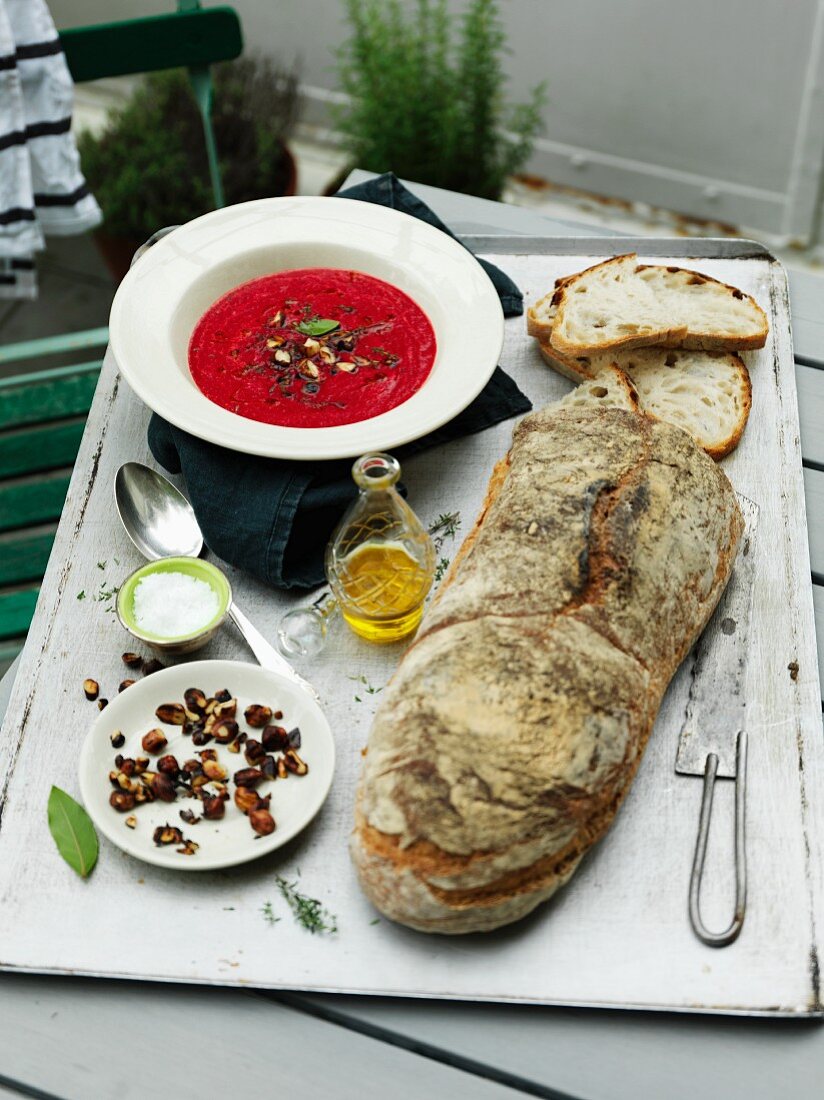 Rote-Bete-Suppe mit frischem Weißbrot