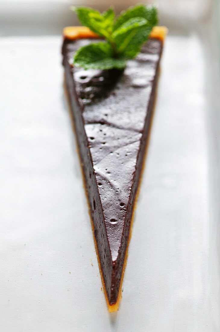 A slice of chocolate tart with mint leaves