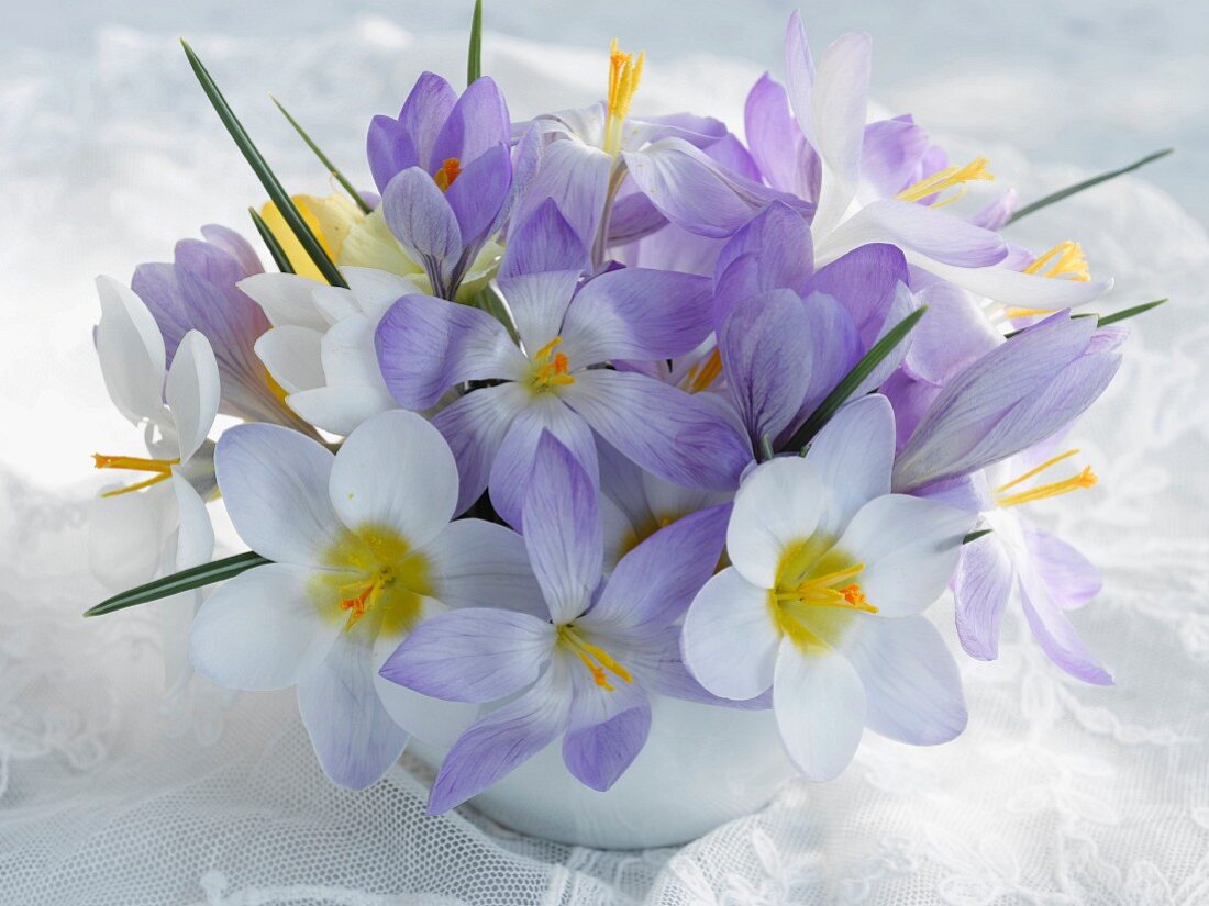 White and purple flowers in vase on lace cloth