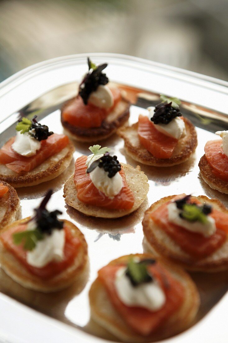 Blinis with smoked salmon trout and caviar