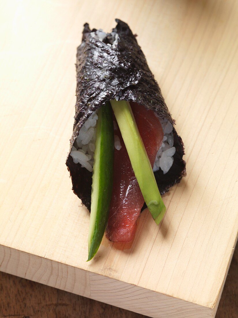 Temaki sushi with cucumber and tuna fish
