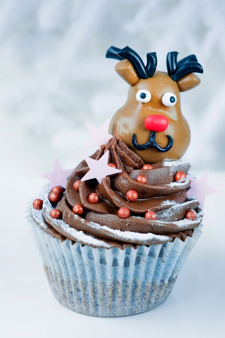 Chocolate cupcake with reindeer for Christmas