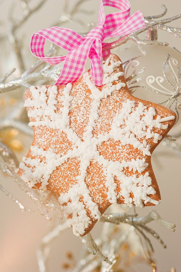 Sternförmiges Weihnachtsplätzchen auf silbernen Zweigen