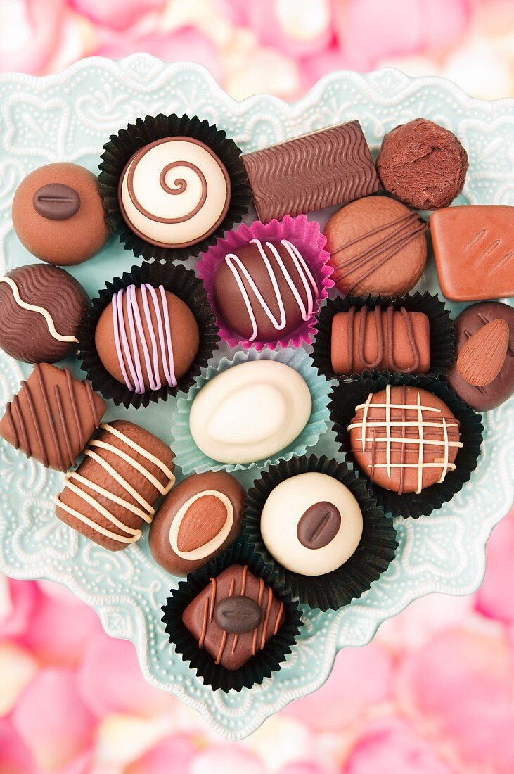 Assorted chocolates in a heart-shaped dish