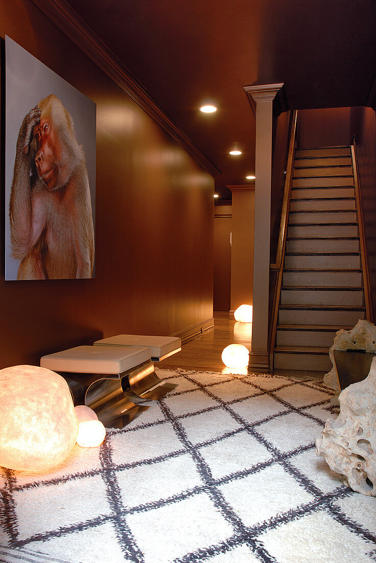 Aubergine hallway with large picture of baboon in thinker pose and bright ceiling spotlights