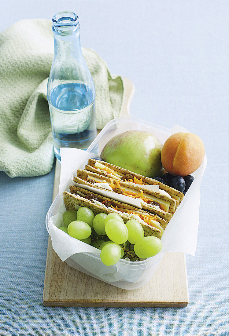 Knäckebrot mit Möhren, Käse und Rosinen, Obst, Wasserflasche zum Lunch