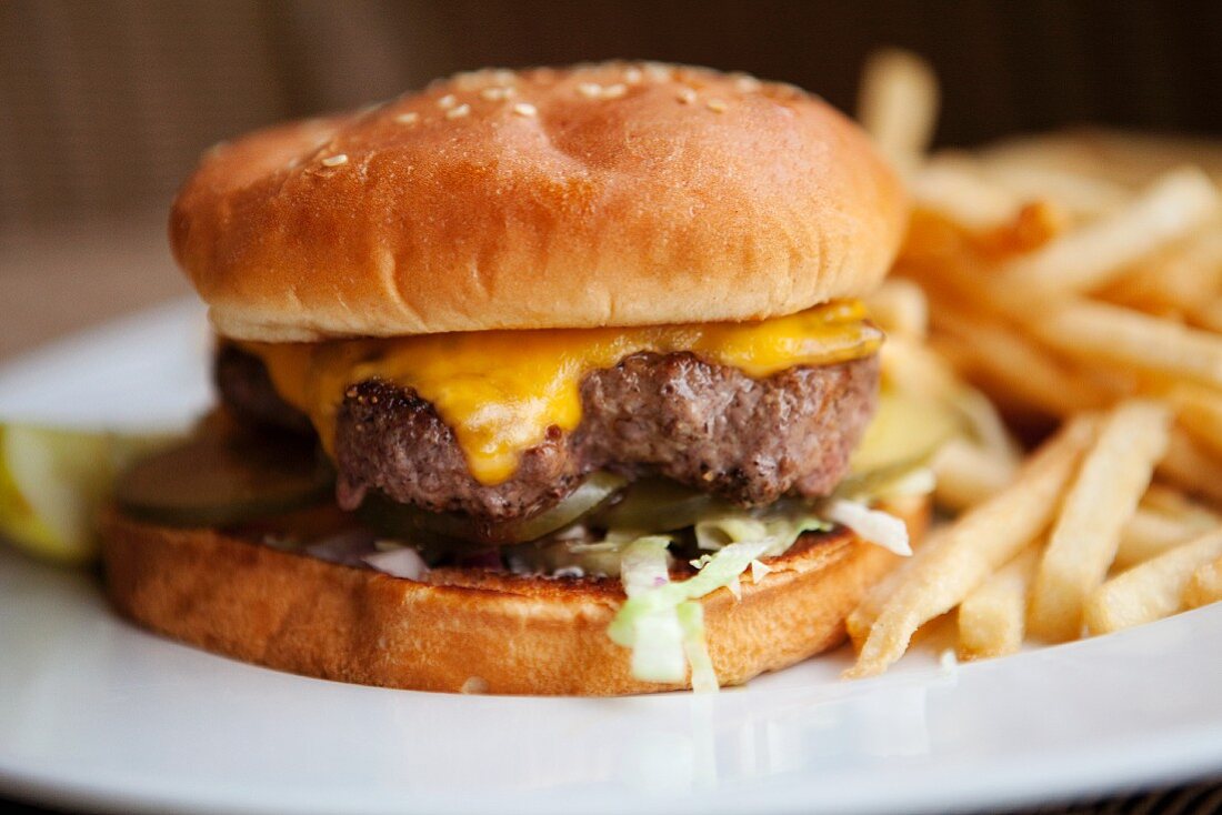 Cheeseburger mit Pommes frites