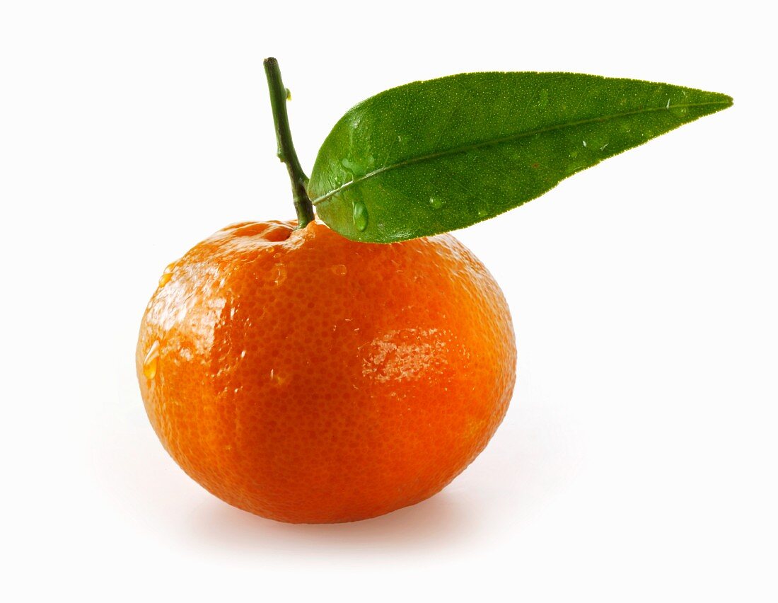 Eine Clementine mit Blatt