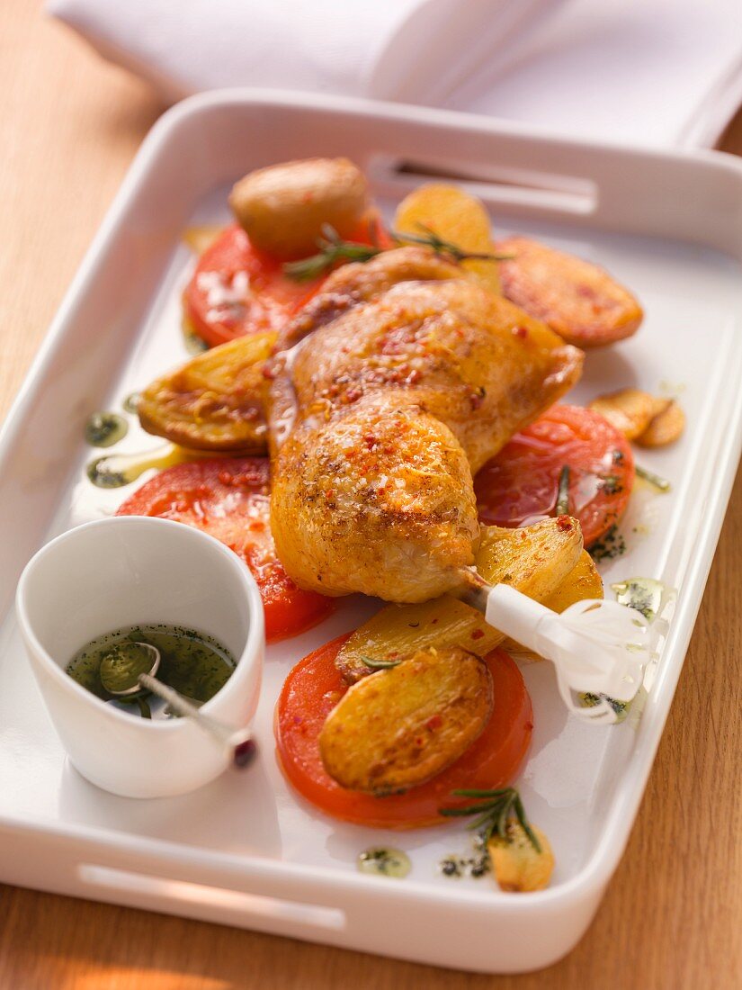 Fried chicken legs with roast potatoes and sliced tomatoes
