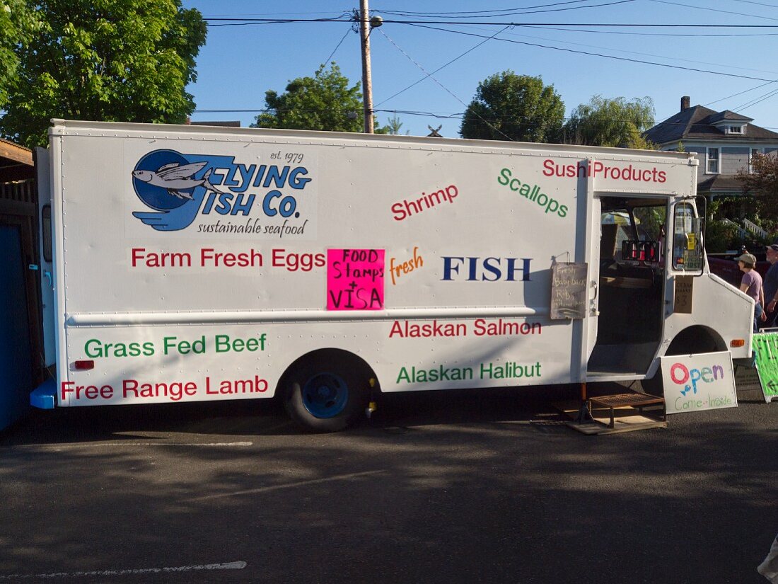 'Food Truck' (street kitchen) selling seafood in Portland, Oregon