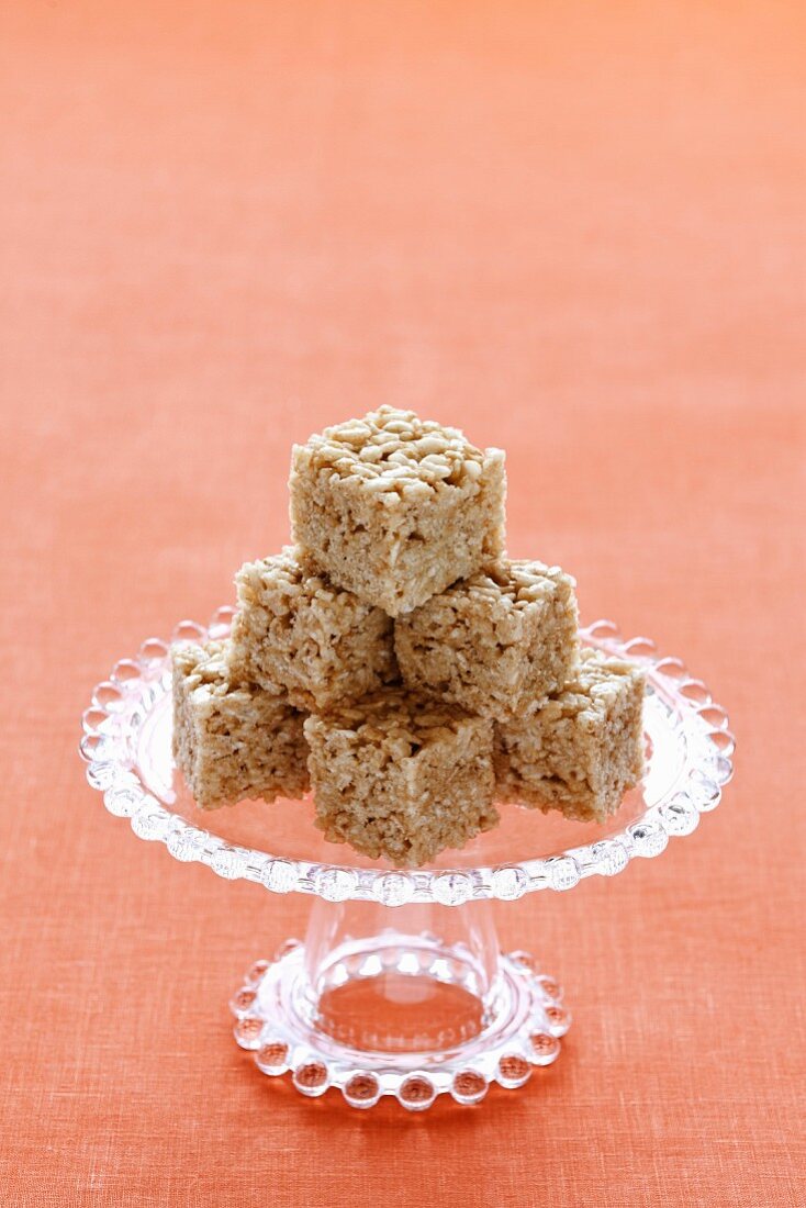 Stacked Rice Krispie Treats on a Pedestal Dish