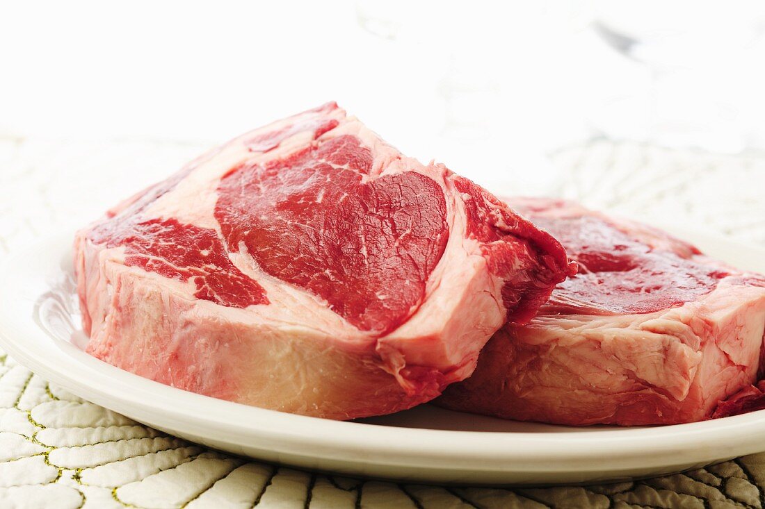 Two Raw Steaks on a White Plate