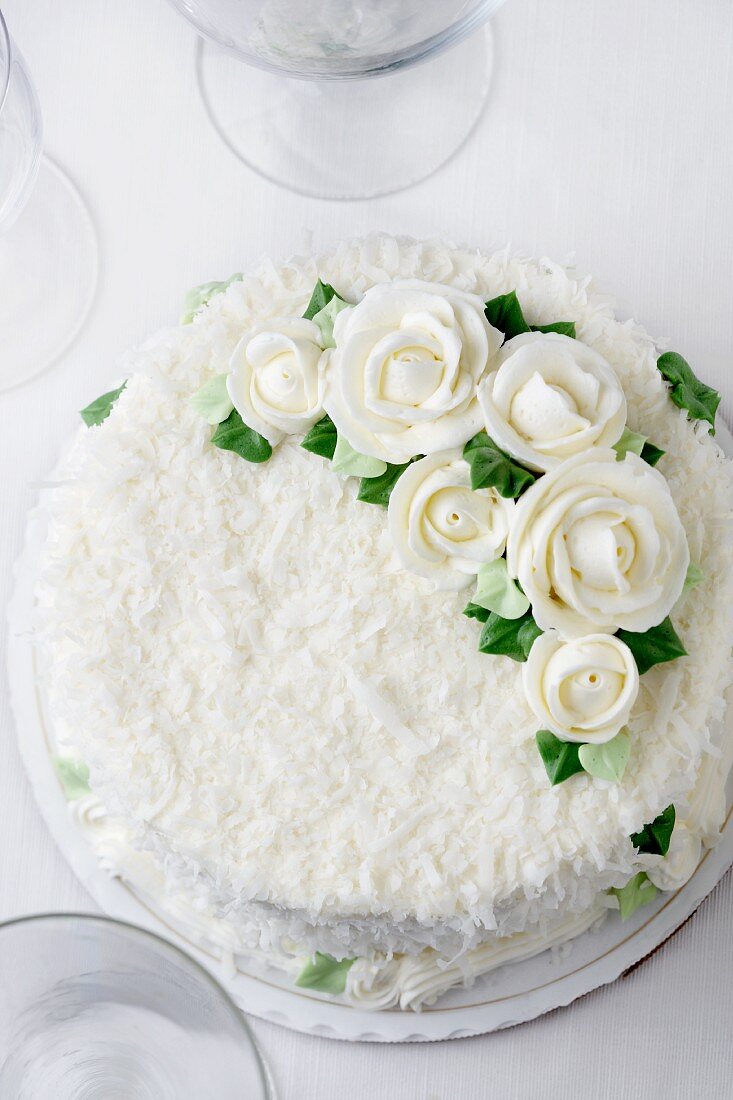 Vanilla Coconut Wedding Cake with White Frosting Flowers; From Above