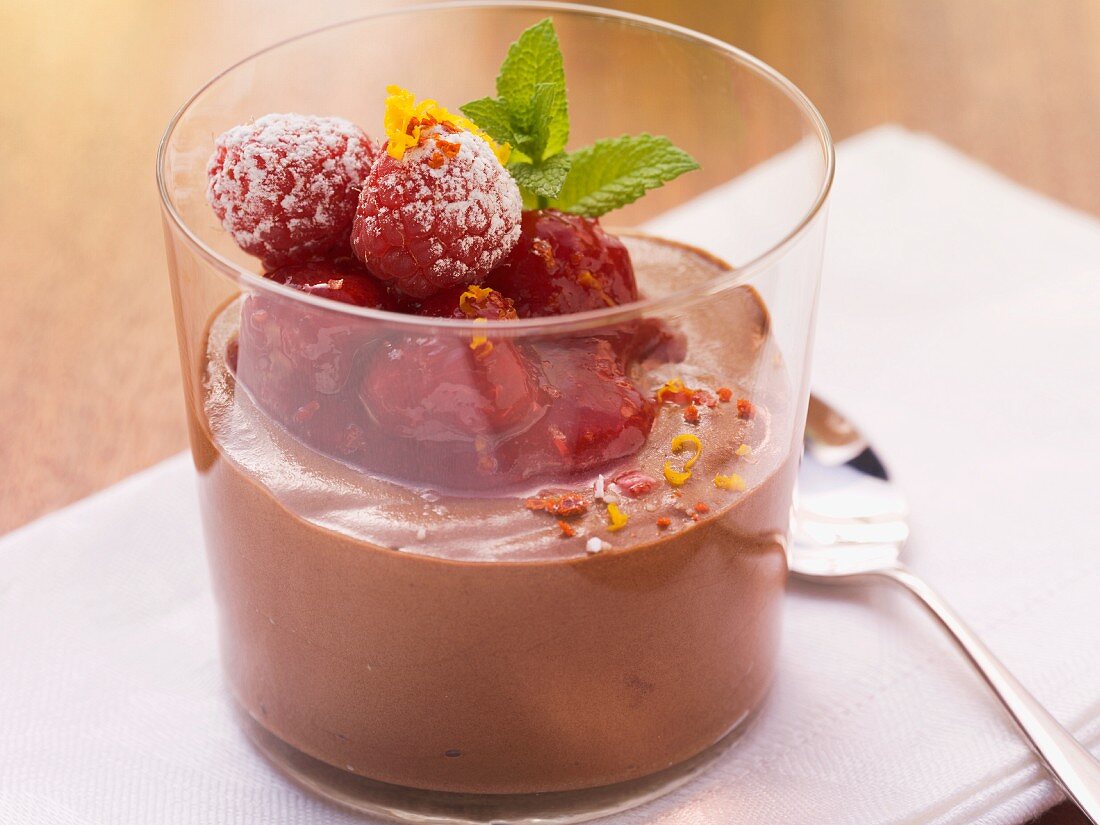 Chocolate mousse with raspberries