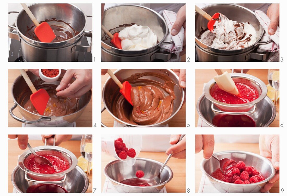 Preparing chocolate mousse with raspberries