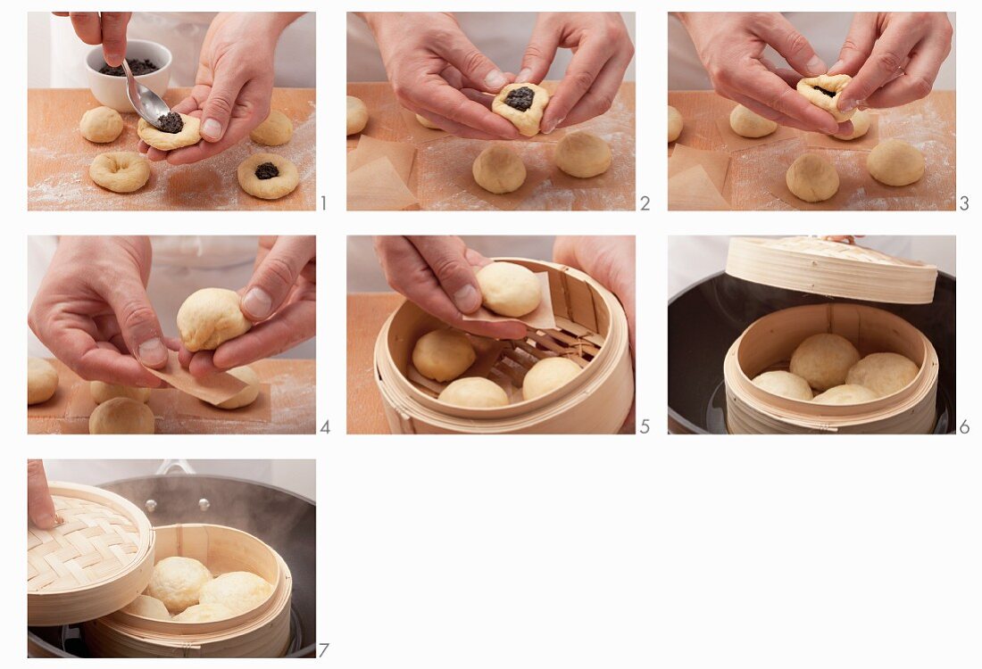 Preparing Chinese stuffed yeast dumplings in bamboo steamer