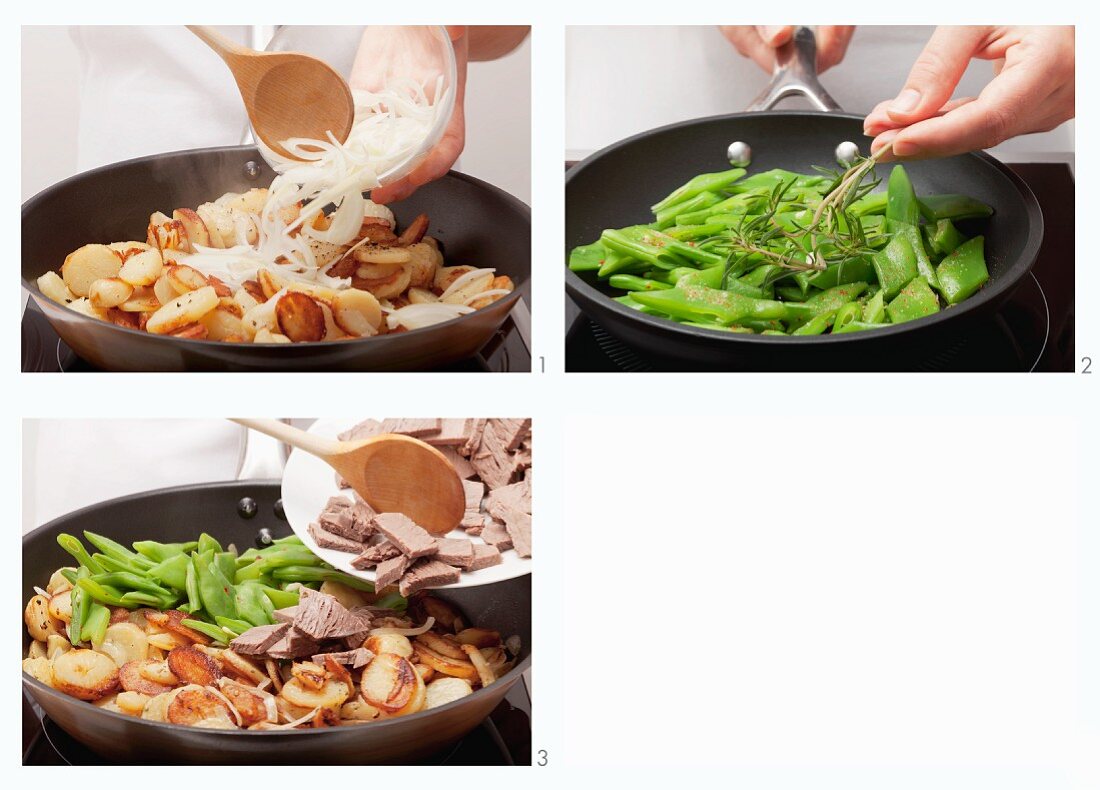 Preparing Tiroler Gröstl (Tyrolean hash) with garden beans and boiled beef