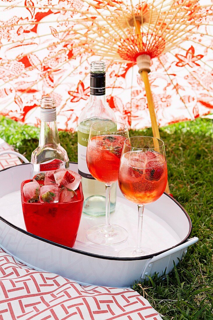 Wine glasses with fruit ice cubes on the grass under a sun umbrella