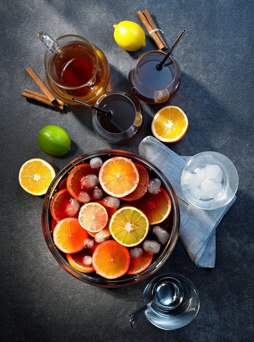 Cold citrus punch and ingredients (top view)
