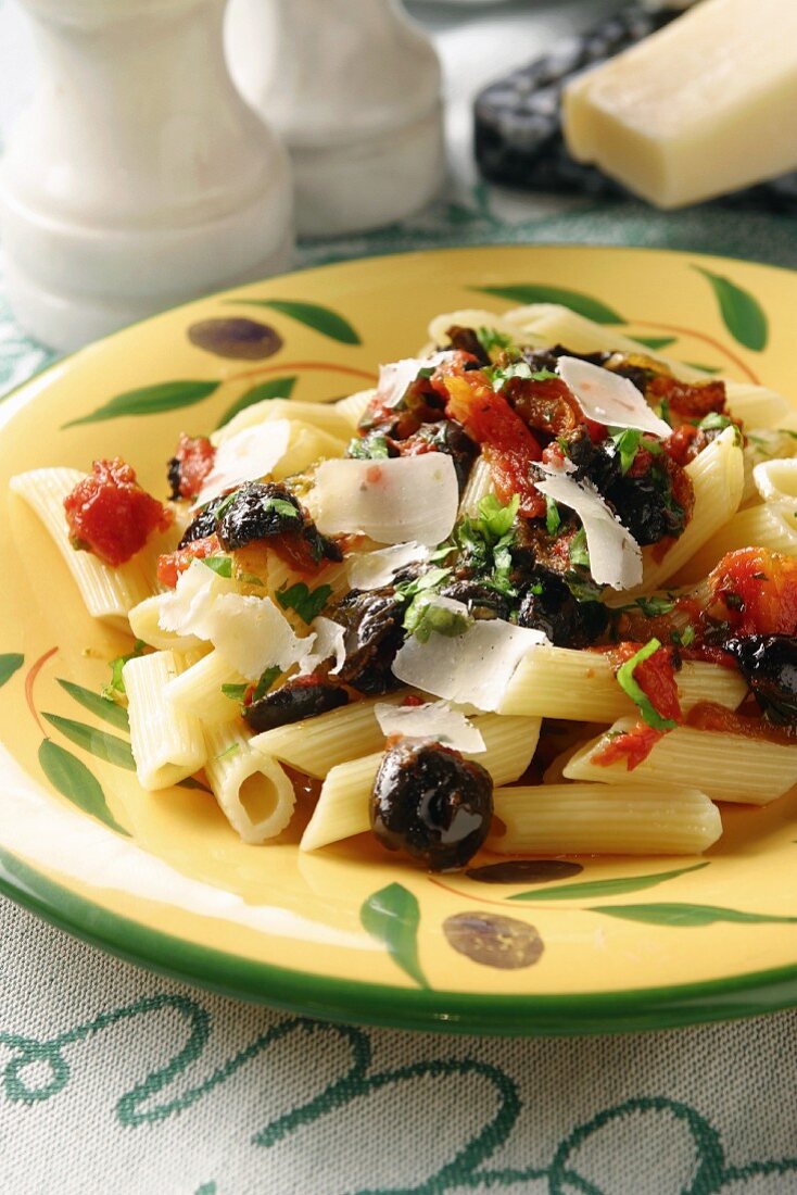 Penne Rigate mit schwarzen Oliven, Tomaten und Parmesan