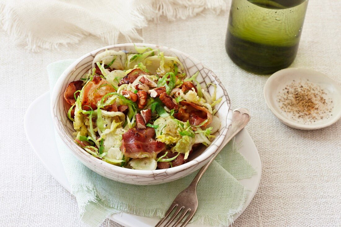 Sauteed Brussels sprouts with bacon and pecans