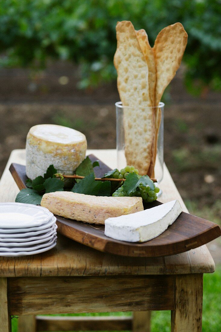 Käse und Knäckebrot auf Gartentisch