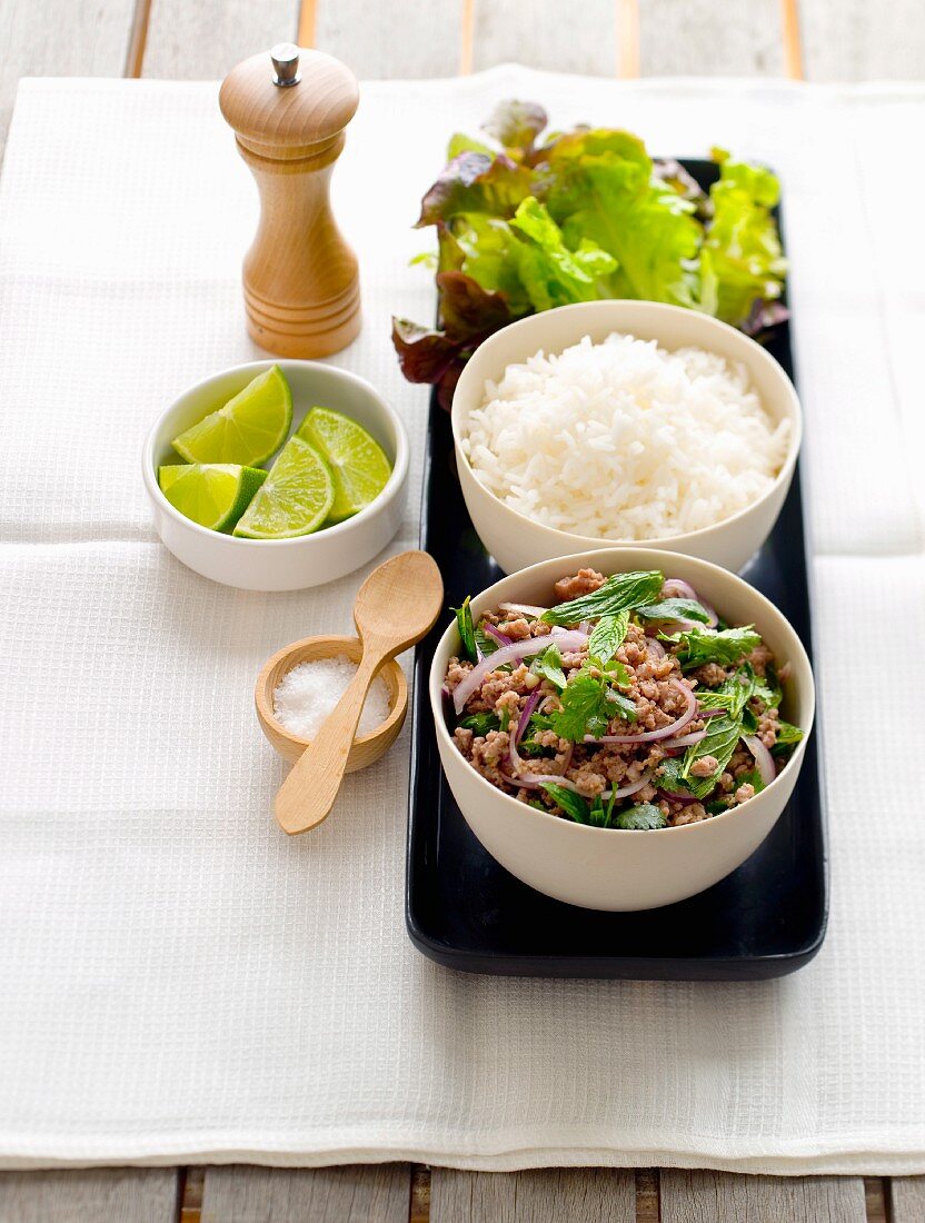 Minced meat with mint, rice and lime