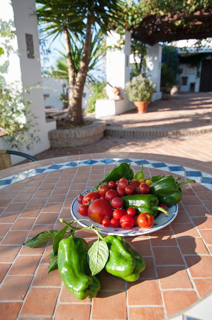 Peppers and tomatoes on a tiled garden table in a courtyard