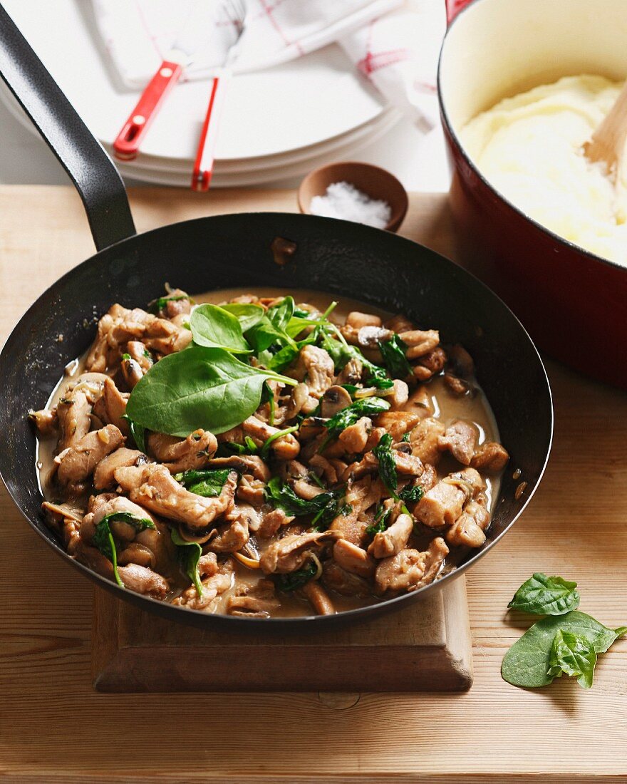 Stir-fried chicken and mushrooms with a buttermilk sauce