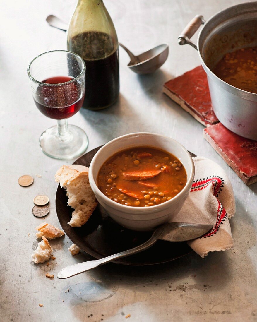 Spanish lentil soup with chorizo and black pudding