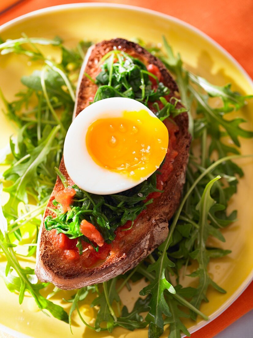 Open-faced egg, rocket and tomato sandwich