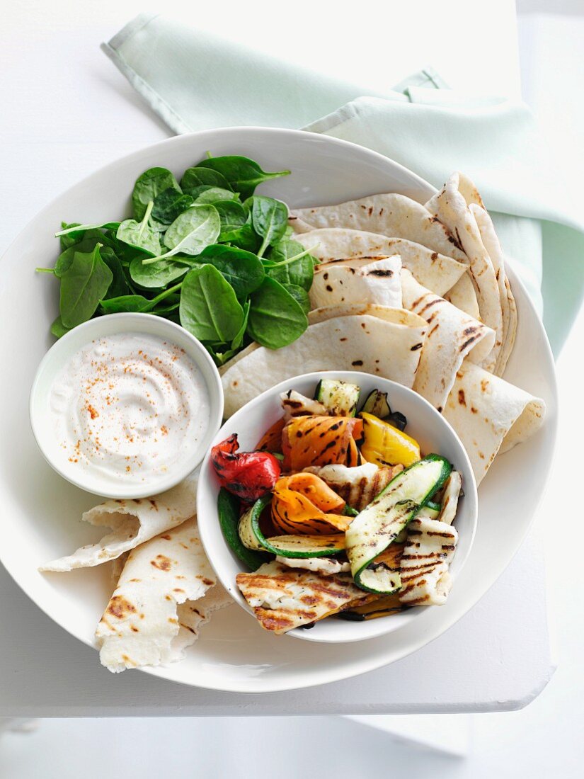 Grilled vegetables with haloumi and tortillas