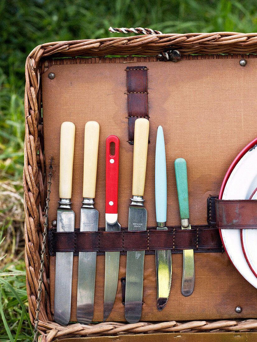 Various knives in a picnic basket