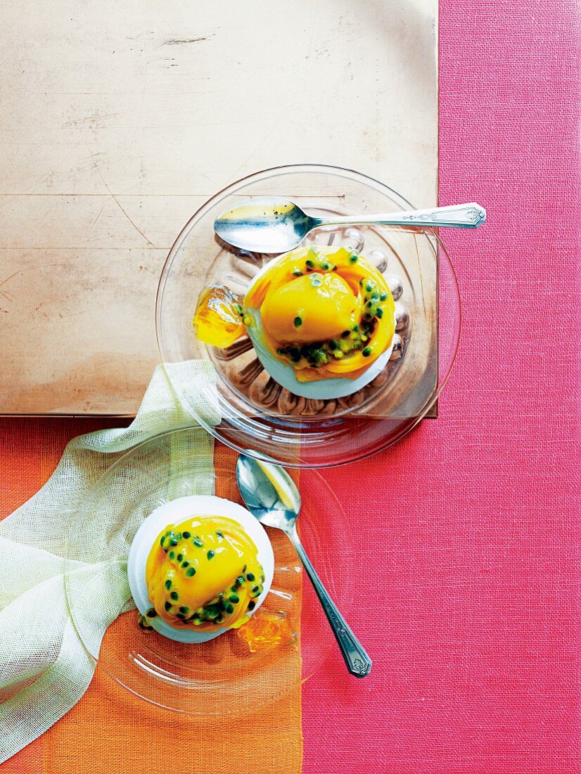 Mango sorbet on passion fruit meringue