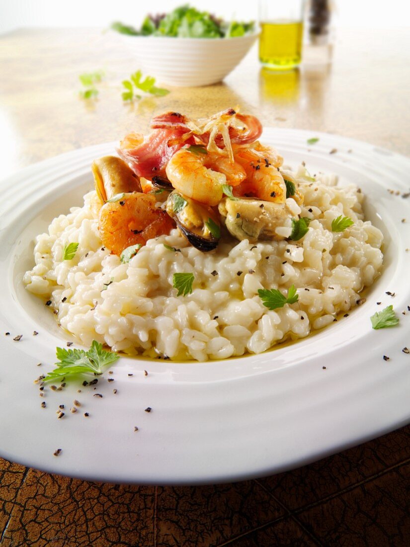 Risotto with prawns, mussels and bacon